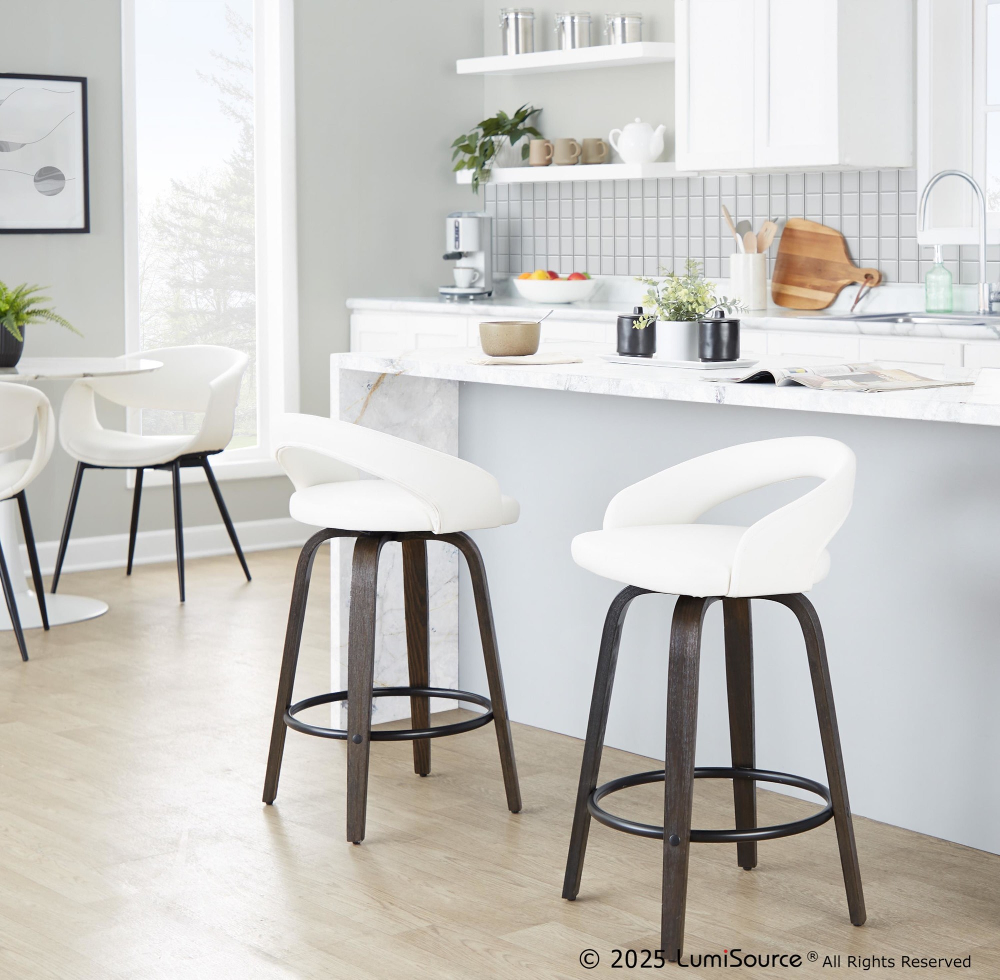 Grotto 26" White Faux Leather Contemporary Swivel Stool (Set of 2) 2 Grotto 26" White Faux Leather Contemporary Swivel Stool (Set of 2) - Image 2