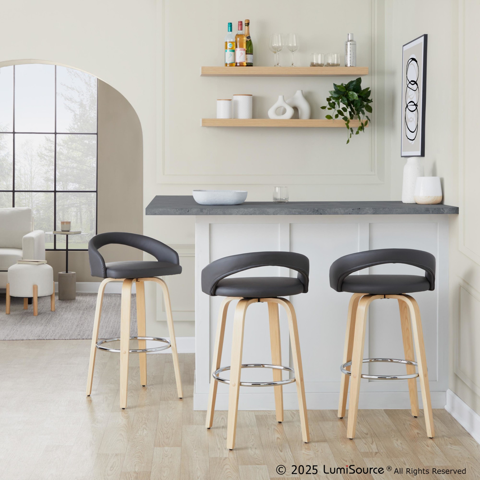 Grotto 30" Contemporary Grey Faux Leather Swivel Barstools (Set of 2) 2 Grotto 30" Contemporary Grey Faux Leather Swivel Barstools (Set of 2) - Image 2