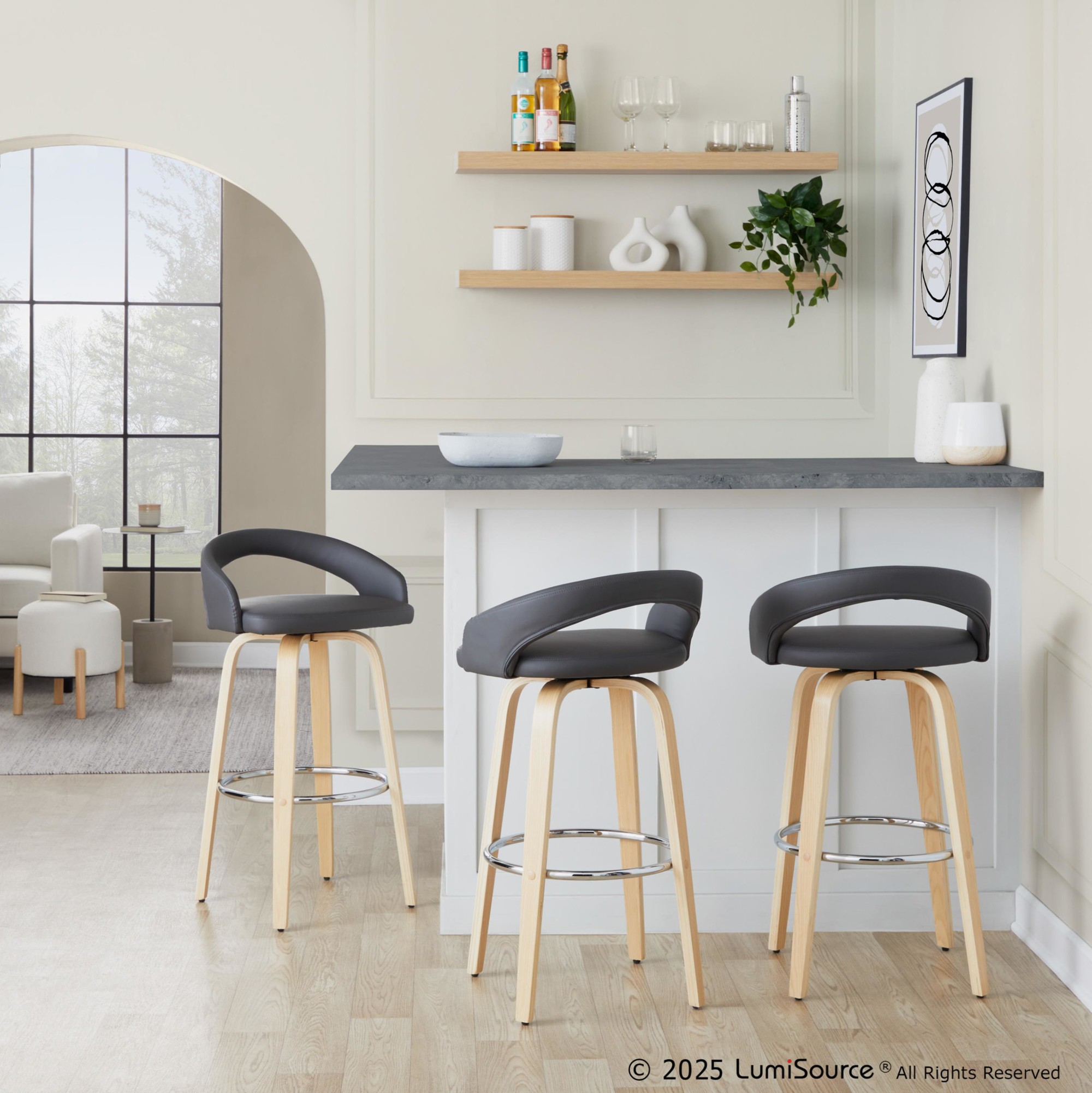 Grotto 30" Contemporary Grey Faux Leather Swivel Barstools (Set of 2) 1 Grotto 30" Contemporary Grey Faux Leather Swivel Barstools (Set of 2)