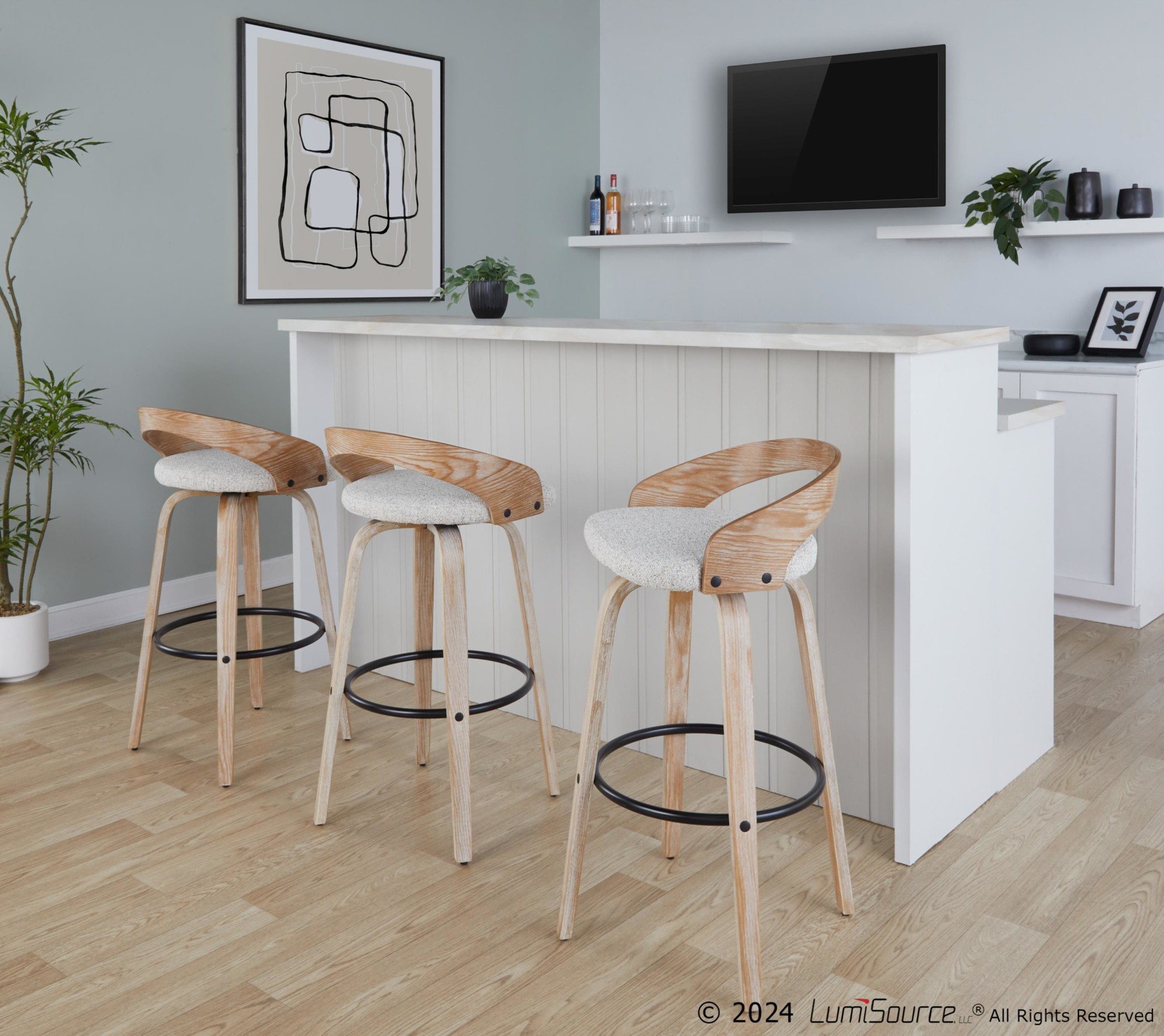 Grotto 30 Contemporary Oat Swivel Barstool White Washed Wood (Set of 2) 2 Grotto 30 Contemporary Oat Swivel Barstool White Washed Wood (Set of 2) - Image 2