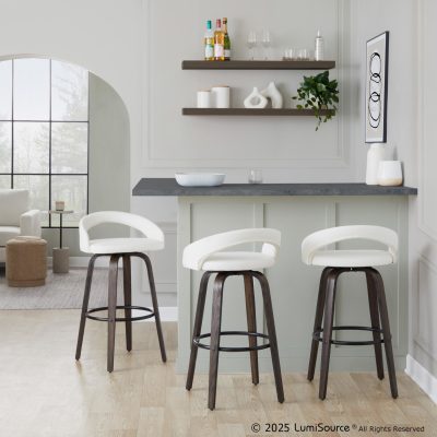 Grotto 30" Contemporary Walnut and White Swivel Barstools (Set of 2)