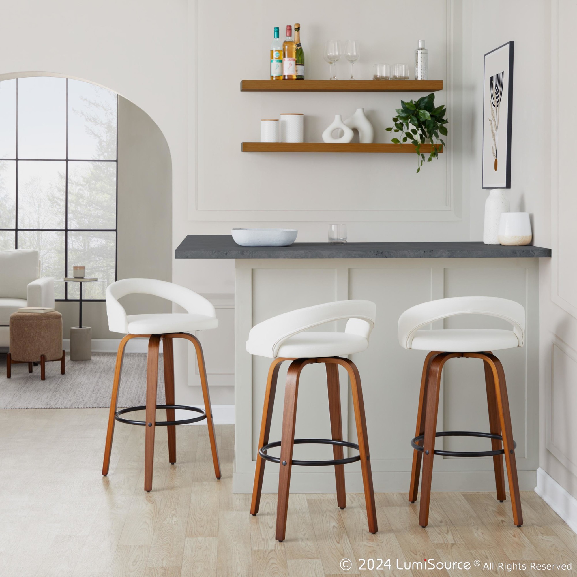 Grotto 30" Contemporary White Swivel Barstools Walnut Wood (Set of 2) 1 Grotto 30" Contemporary White Swivel Barstools Walnut Wood (Set of 2)