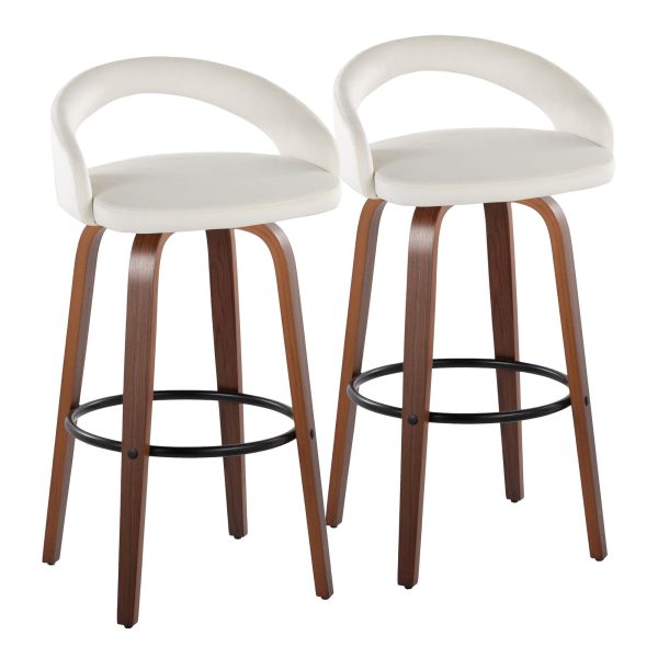 Grotto 30 Inch Contemporary Walnut Wood White Velvet Barstools Set of 2 2