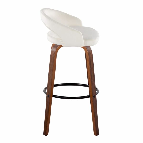 Grotto 30 Inch Contemporary Walnut Wood White Velvet Barstools Set of 2 4