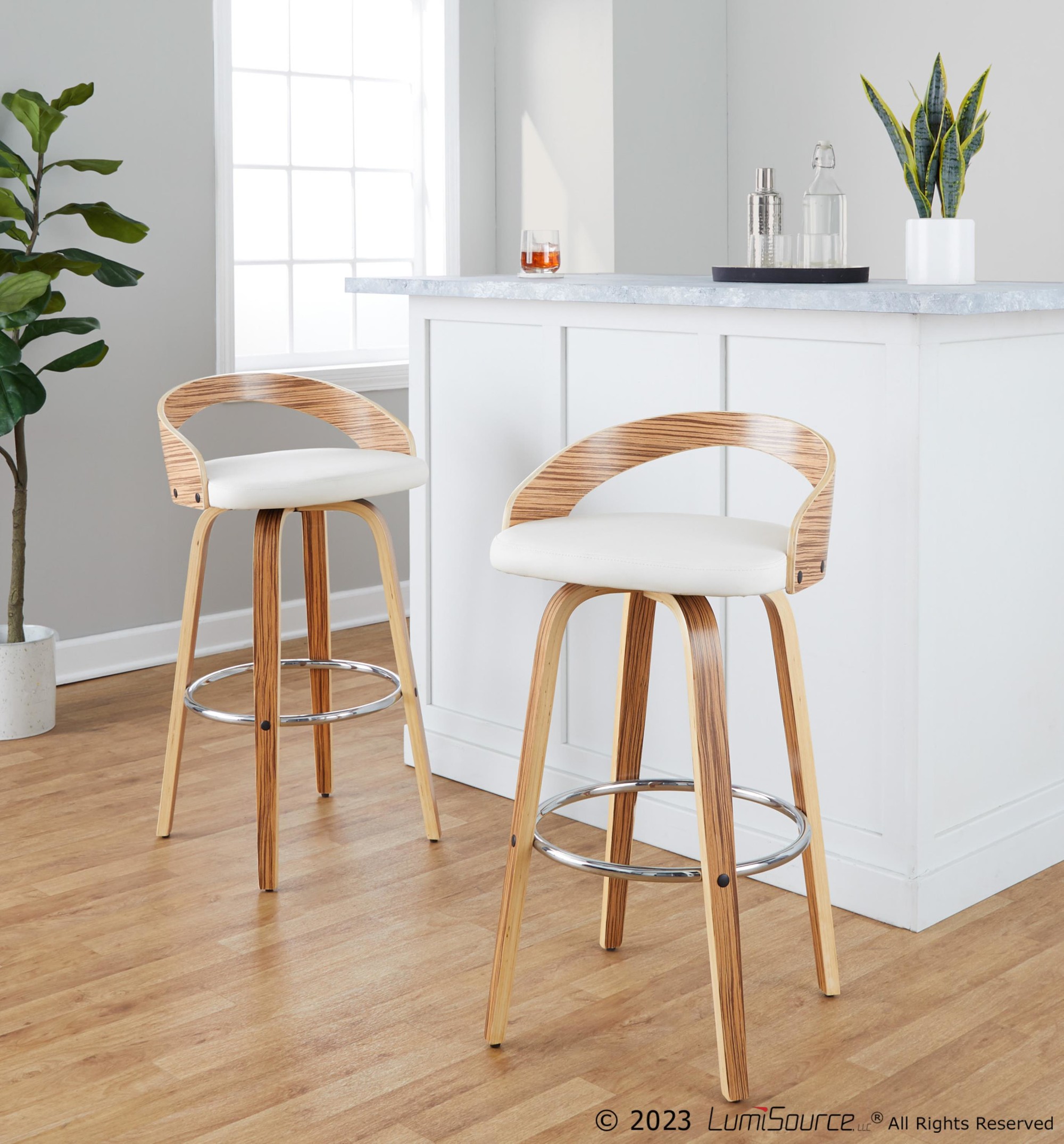 Grotto 30-Inch Mid-Century Modern Zebra Wood Swivel Barstools (Set of 2) 2 Grotto 30-Inch Mid-Century Modern Zebra Wood Swivel Barstools (Set of 2) - Image 2