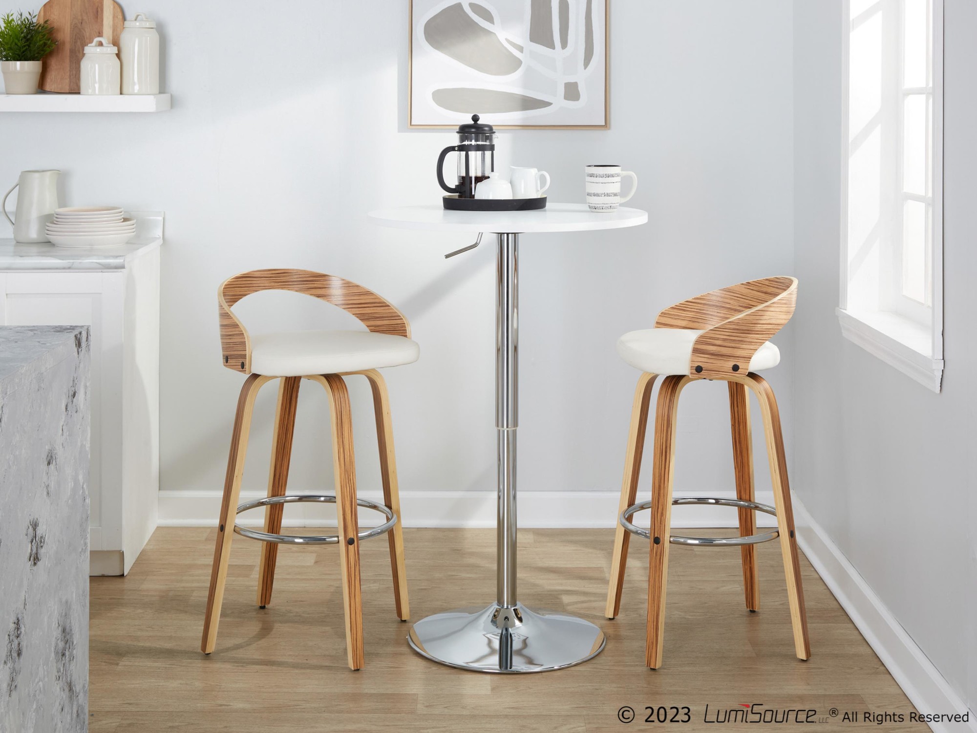 Grotto 30-Inch Mid-Century Modern Zebra Wood Swivel Barstools (Set of 2) 4 Grotto 30-Inch Mid-Century Modern Zebra Wood Swivel Barstools (Set of 2) - Image 4
