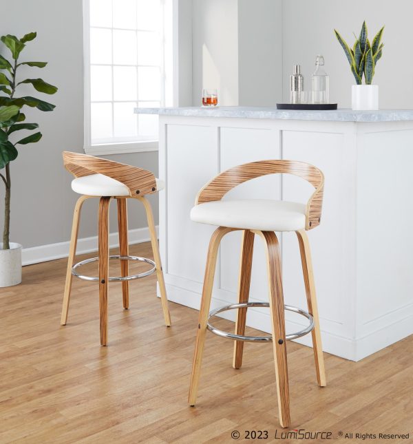 Grotto 30 Inch Mid Century Modern Zebra Wood Swivel Barstools Set of 2
