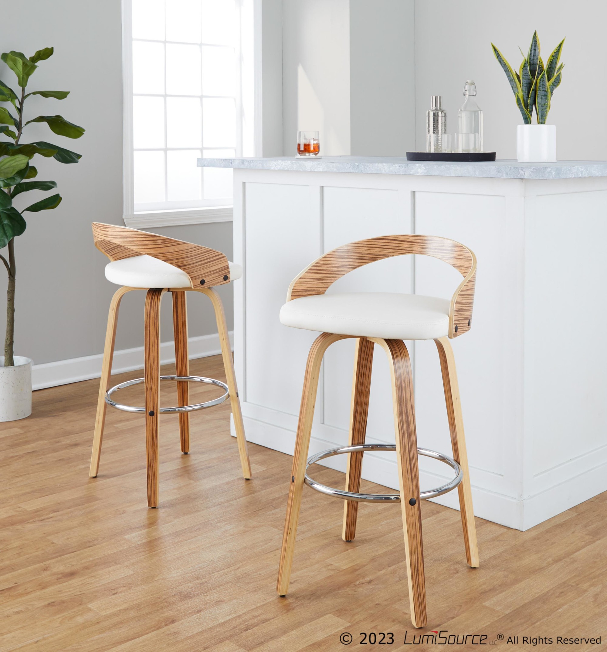 Grotto 30-Inch Mid-Century Modern Zebra Wood Swivel Barstools (Set of 2) 1 Grotto 30-Inch Mid-Century Modern Zebra Wood Swivel Barstools (Set of 2)