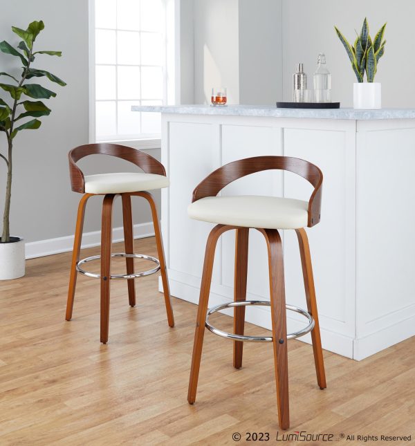 Grotto 30 Mid Century Cream Swivel Barstool Walnut Set of 2 1