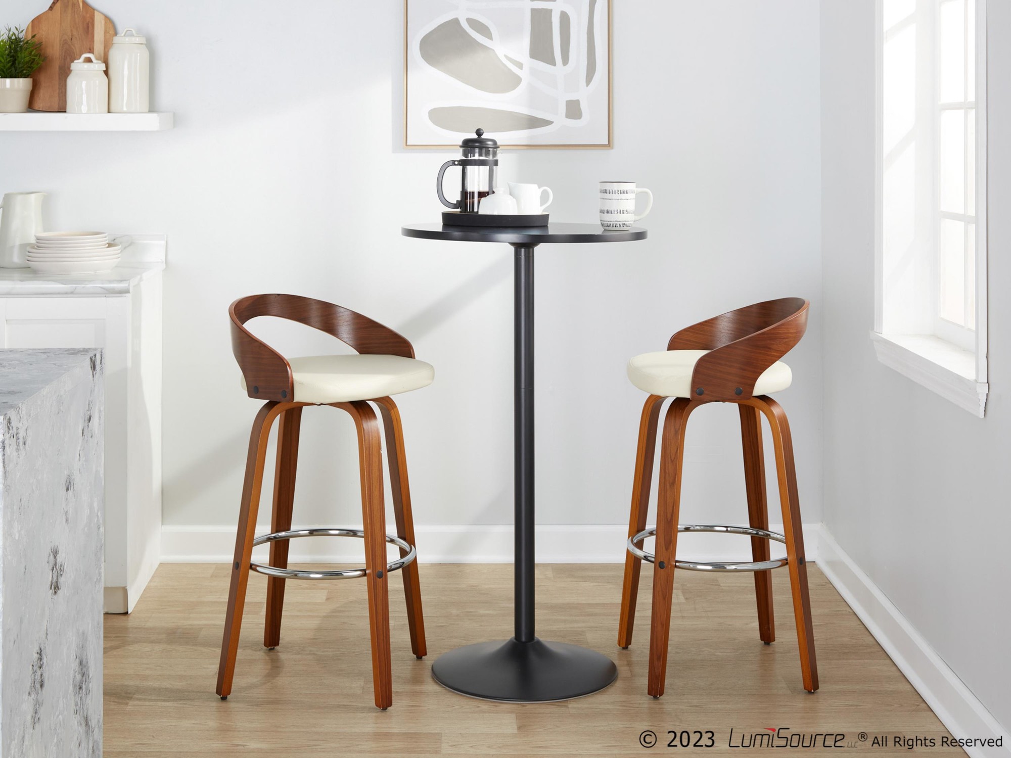 Grotto 30 Mid-Century Cream Swivel Barstool Walnut (Set of 2) 3 Grotto 30 Mid-Century Cream Swivel Barstool Walnut (Set of 2) - Image 3