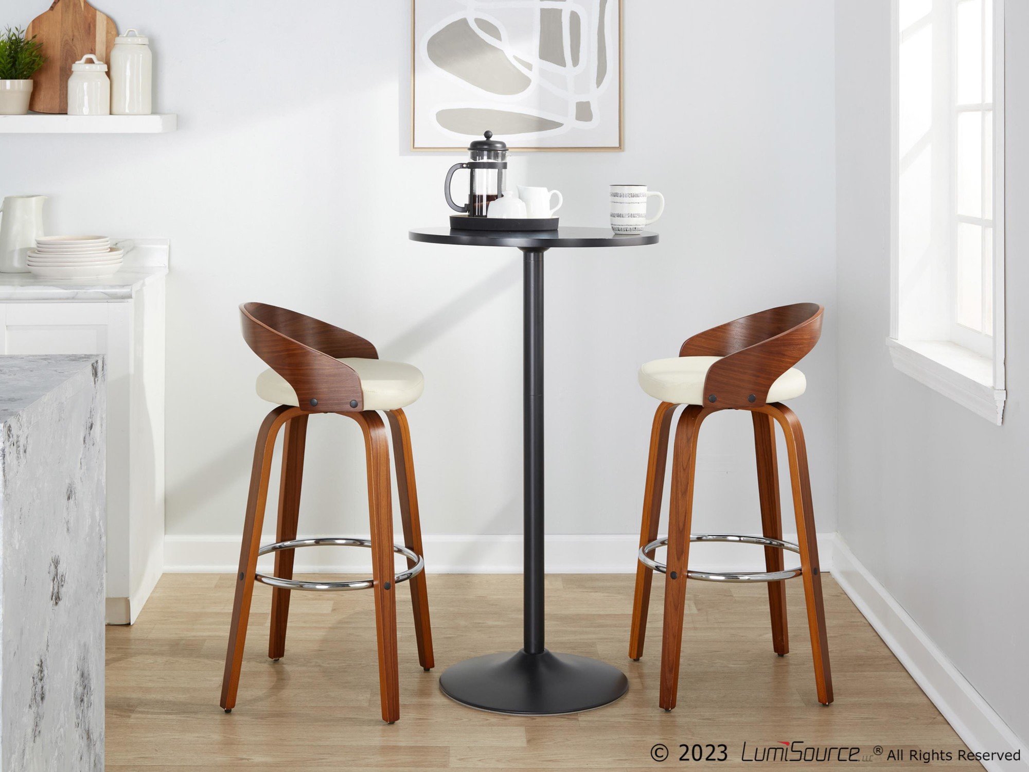 Grotto 30 Mid-Century Cream Swivel Barstool Walnut (Set of 2) 4 Grotto 30 Mid-Century Cream Swivel Barstool Walnut (Set of 2) - Image 4