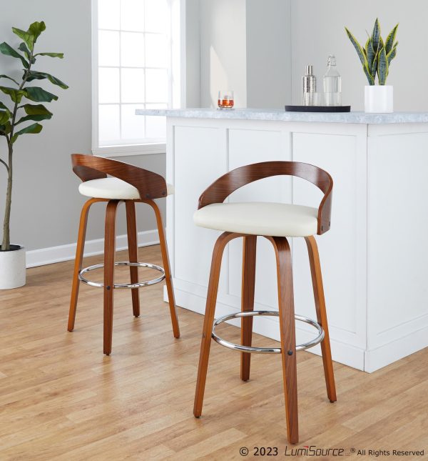 Grotto 30 Mid Century Cream Swivel Barstool Walnut Set of 2