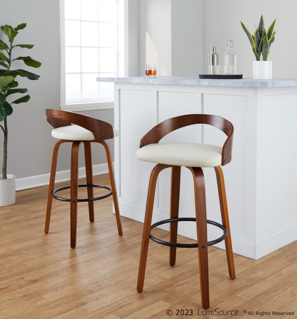 Grotto 30 Mid Century Modern Swivel Barstool Walnut Cream Set of 2 1