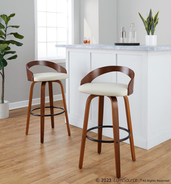 Grotto 30 Mid Century Modern Swivel Barstool Walnut Cream Set of 2