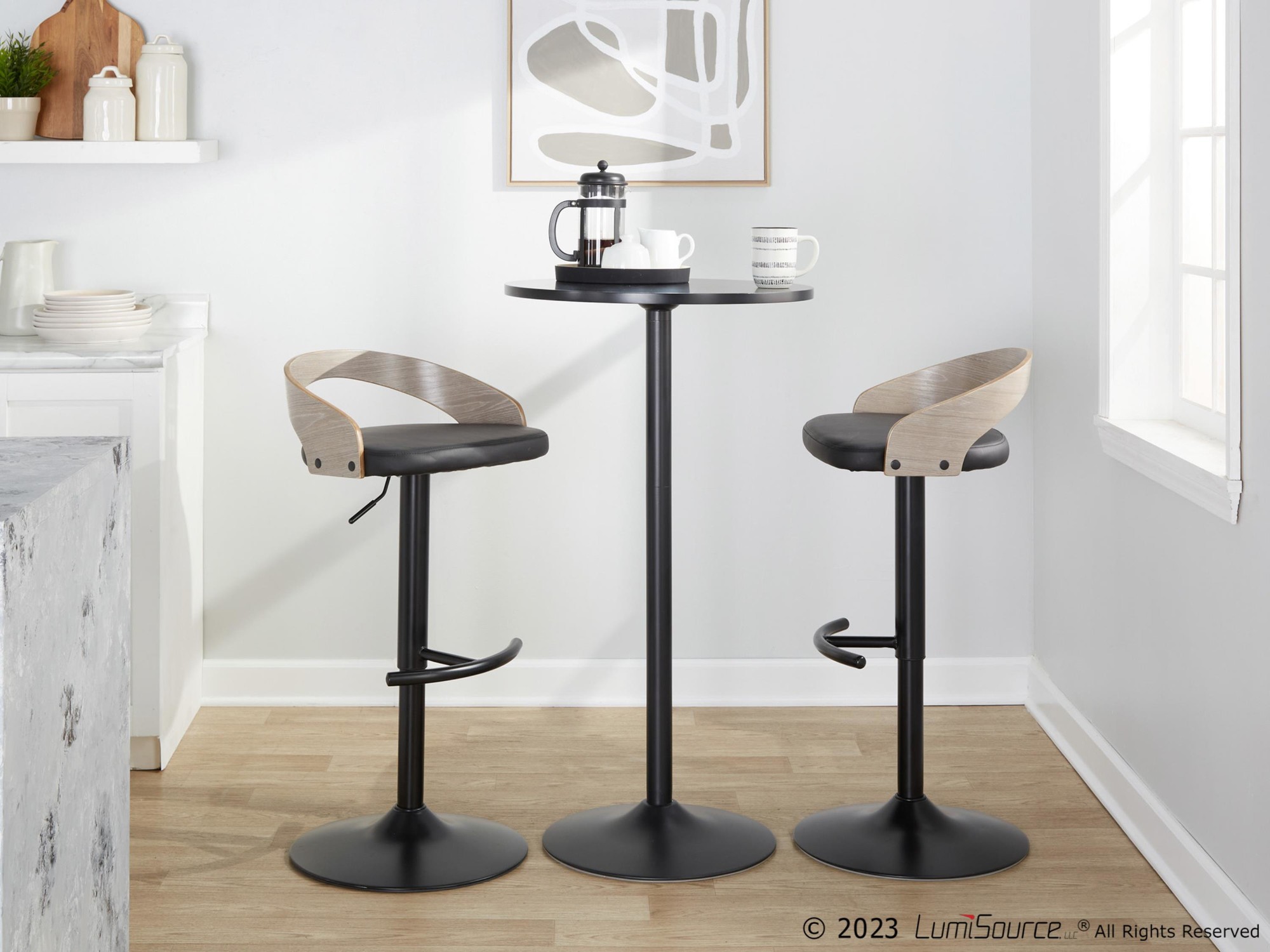 Grotto Black Faux Leather Contemporary Adjustable Barstool (Set of 2) 3 Grotto Black Faux Leather Contemporary Adjustable Barstool (Set of 2) - Image 3