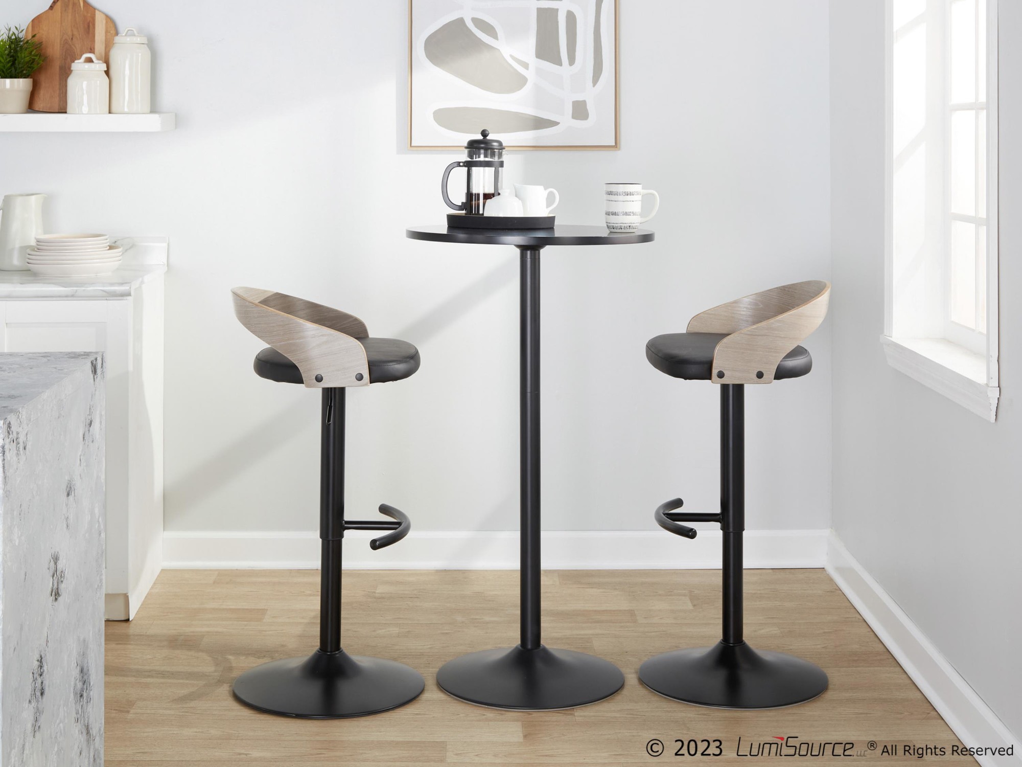 Grotto Black Faux Leather Contemporary Adjustable Barstool (Set of 2) 4 Grotto Black Faux Leather Contemporary Adjustable Barstool (Set of 2) - Image 4