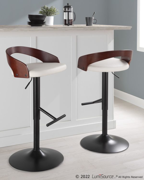 Grotto Black Metal White Faux Leather Adjustable Barstool Set of 2 1