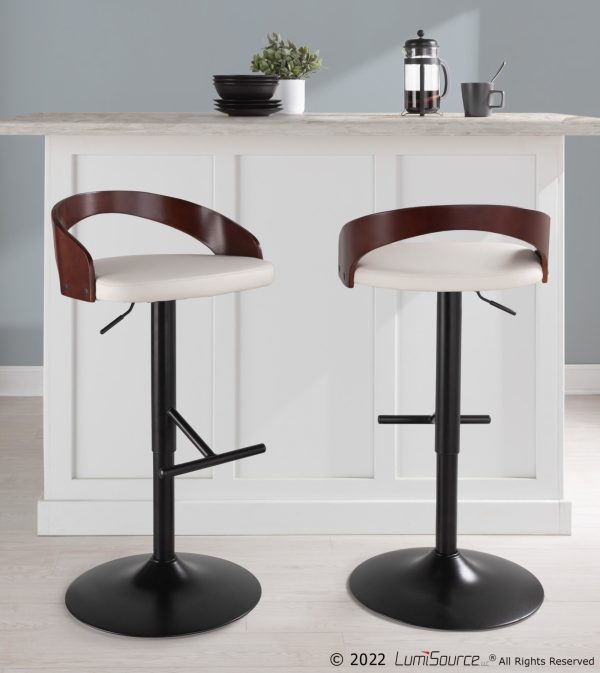 Grotto Black Metal White Faux Leather Adjustable Barstool Set of 2
