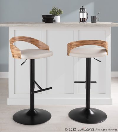 Grotto Black Metal Zebra Wood White Faux Leather Barstool (Set of 2)