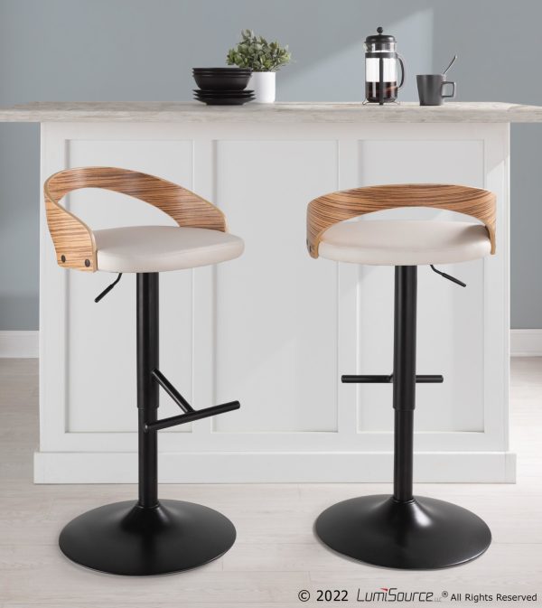 Grotto Black Metal Zebra Wood White Faux Leather Barstool Set of 2