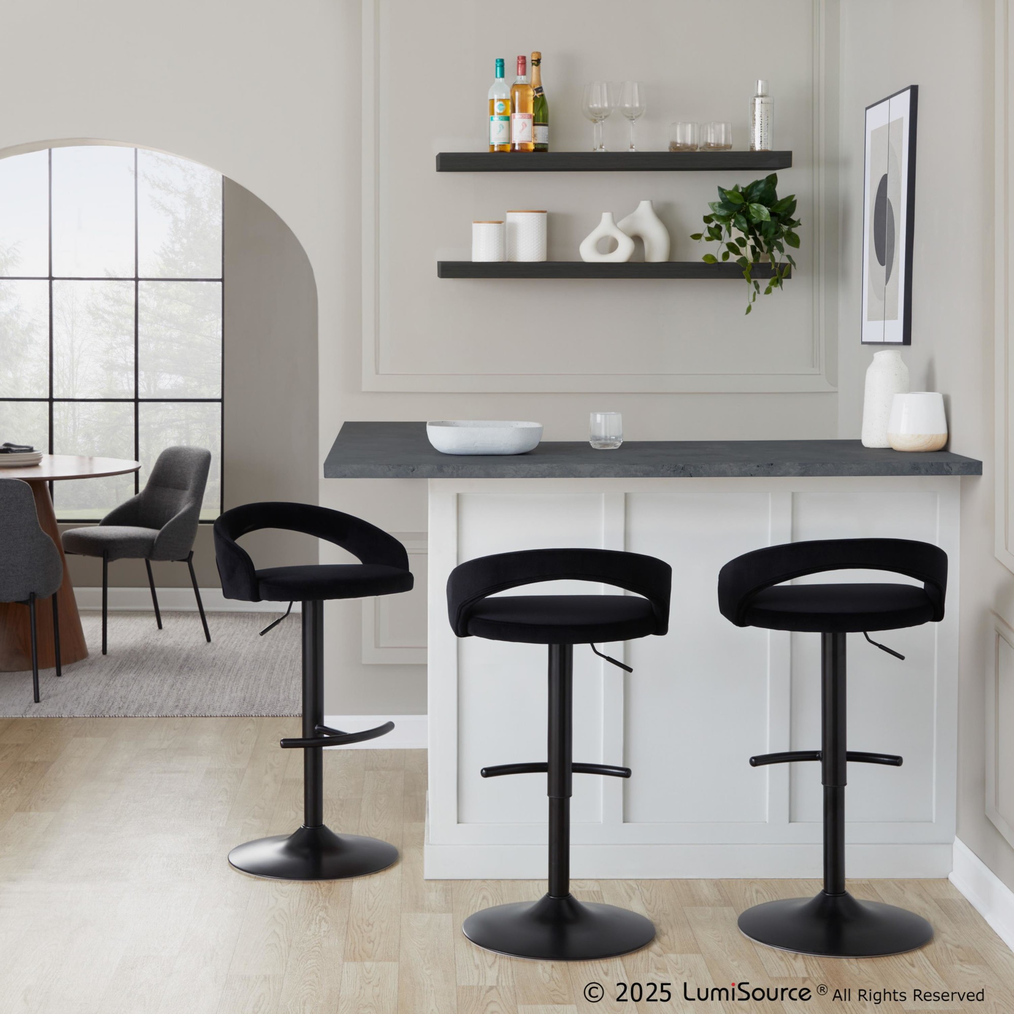 Grotto Black Velvet Contemporary Adjustable Barstools (Set of 2) 2 Grotto Black Velvet Contemporary Adjustable Barstools (Set of 2) - Image 2