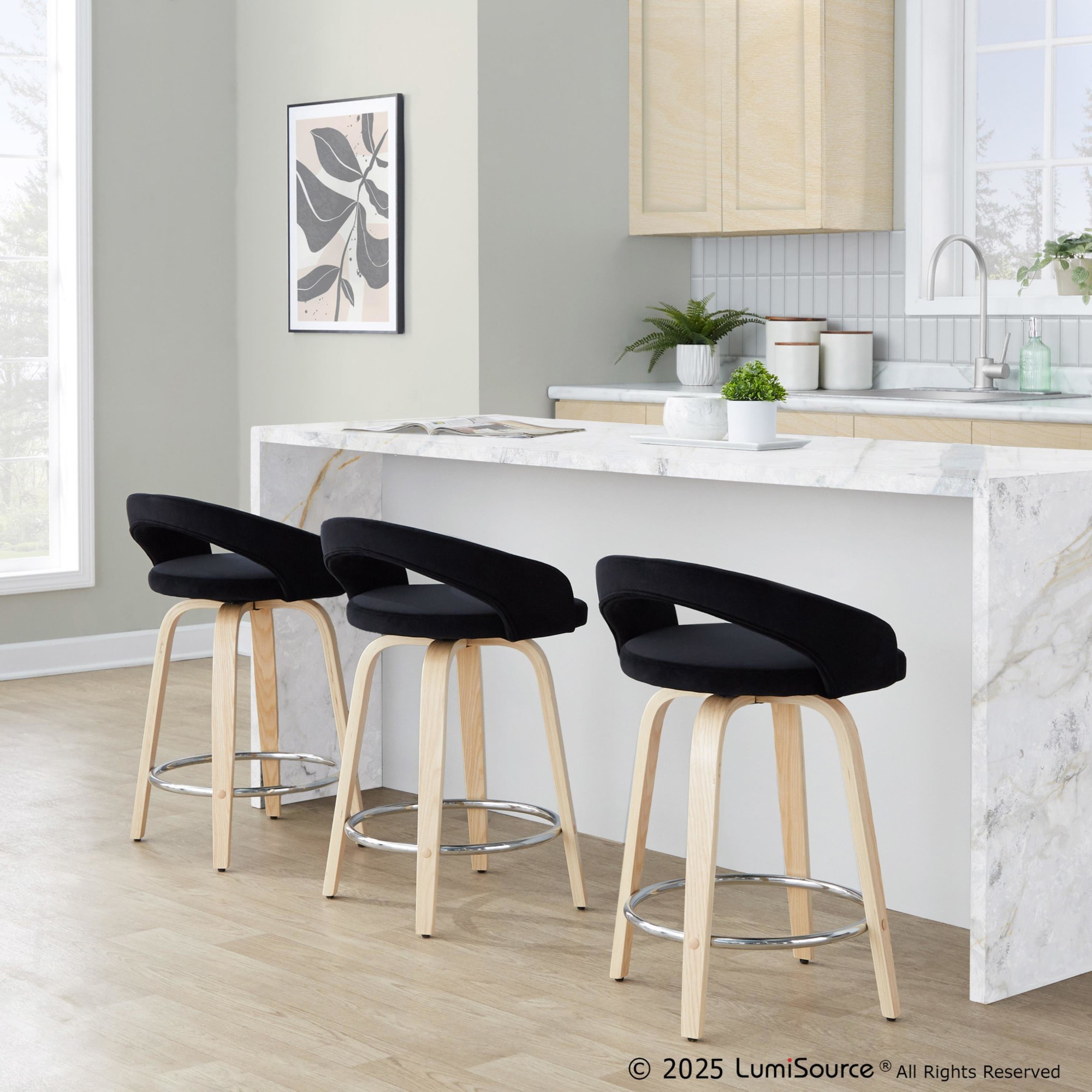 Grotto Black Velvet Contemporary Counter Stools (Set of 2) 2 Grotto Black Velvet Contemporary Counter Stools (Set of 2) - Image 2