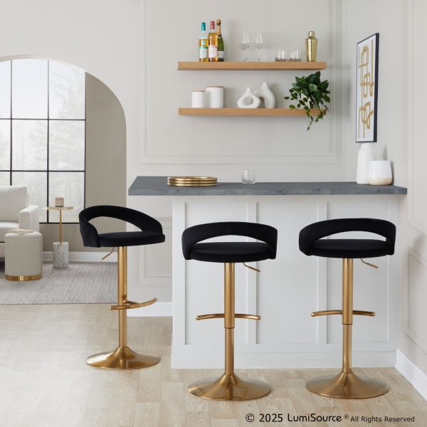 Grotto Black Velvet Gold Contemporary Adjustable Barstools Set of 2 1