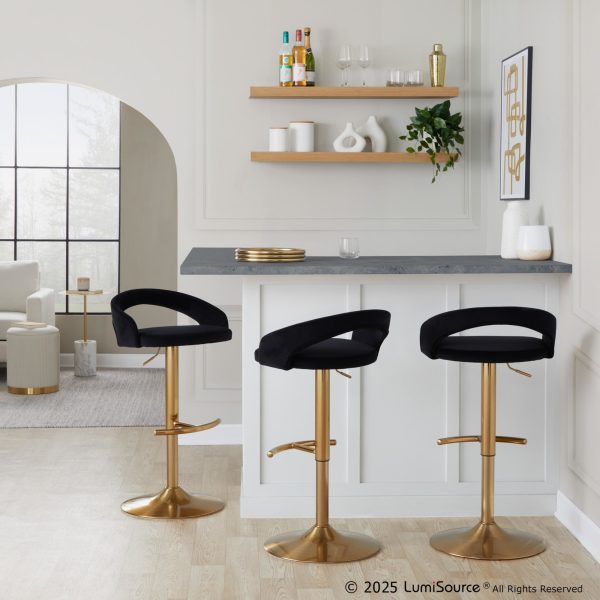 Grotto Black Velvet Gold Contemporary Adjustable Barstools Set of 2