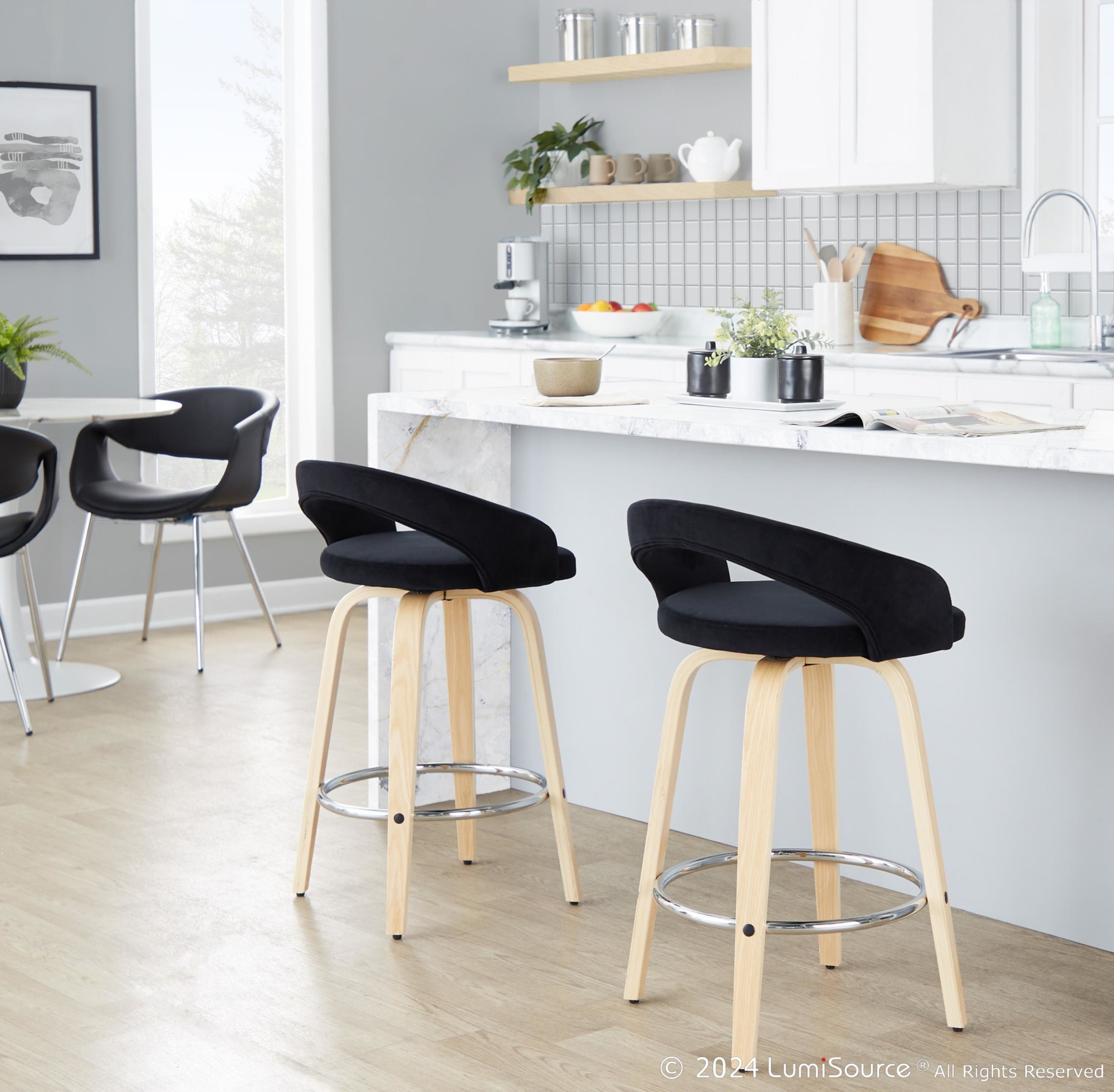 Grotto Black Velvet Natural Wood Contemporary Swivel Stools 26-Inch (Set of 2) 2 Grotto Black Velvet Natural Wood Contemporary Swivel Stools 26-Inch (Set of 2) - Image 2