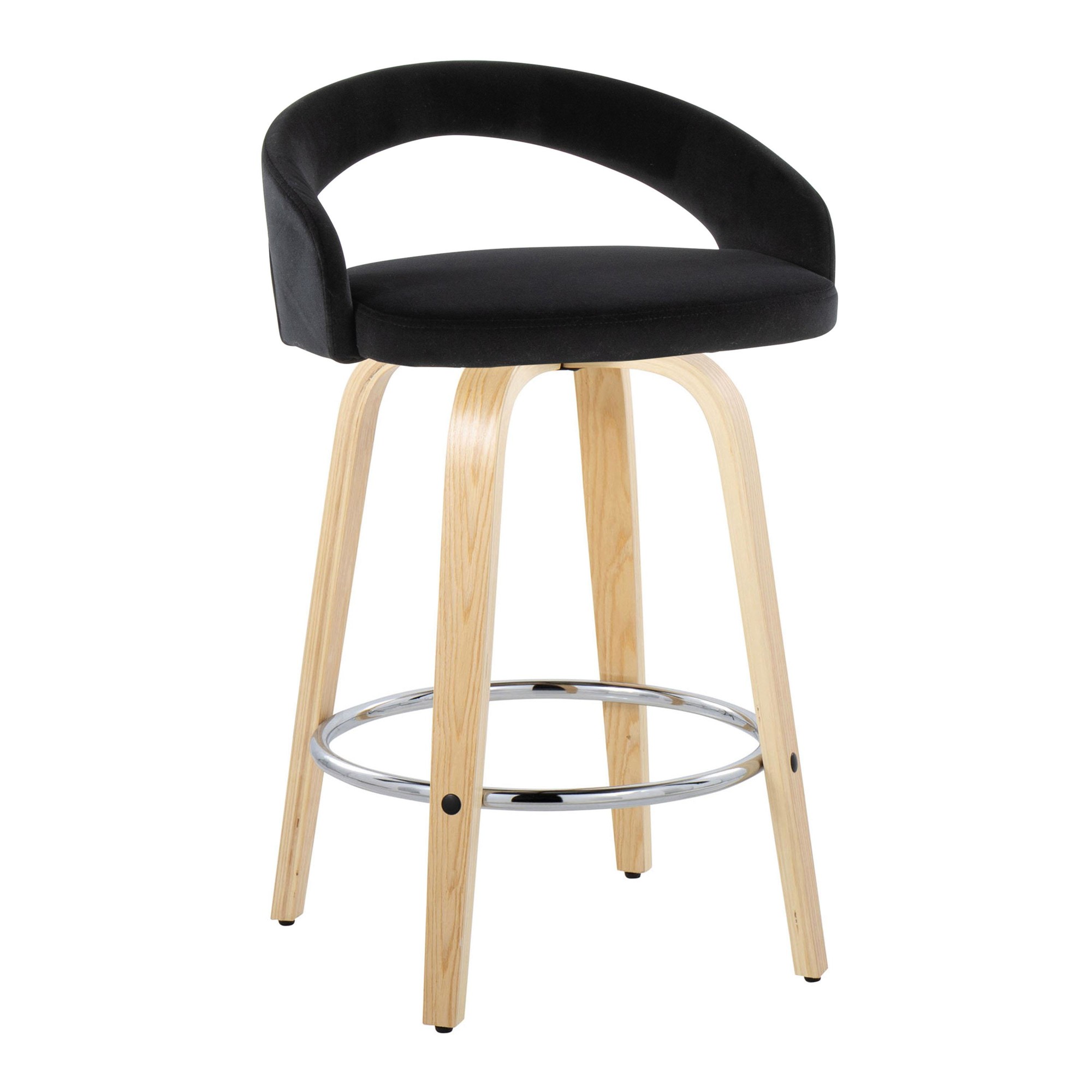Grotto Black Velvet Natural Wood Contemporary Swivel Stools 26-Inch (Set of 2) 4 Grotto Black Velvet Natural Wood Contemporary Swivel Stools 26-Inch (Set of 2) - Image 4