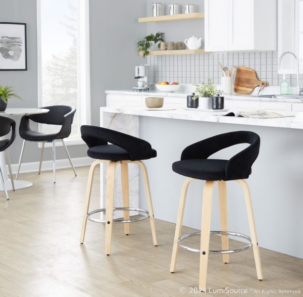 Grotto Black Velvet Natural Wood Contemporary Swivel Stools 26 Inch Set of 2
