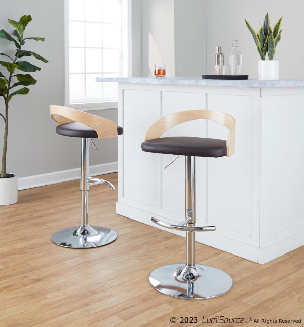 Grotto Brown Faux Leather Contemporary Adjustable Swivel Barstool Set of 2