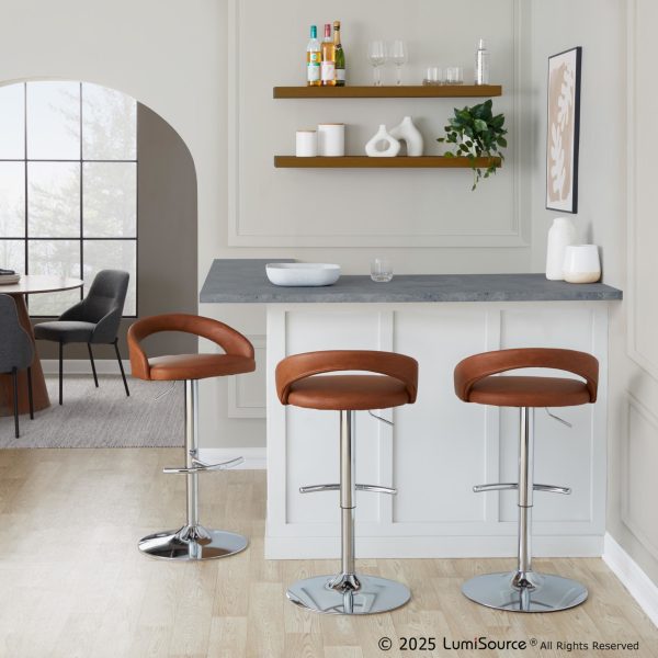 Grotto Camel Faux Leather Chrome Adjustable Contemporary Barstools Set of 2 1