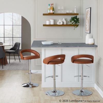 Grotto Camel Faux Leather Chrome Adjustable Contemporary Barstools (Set of 2)