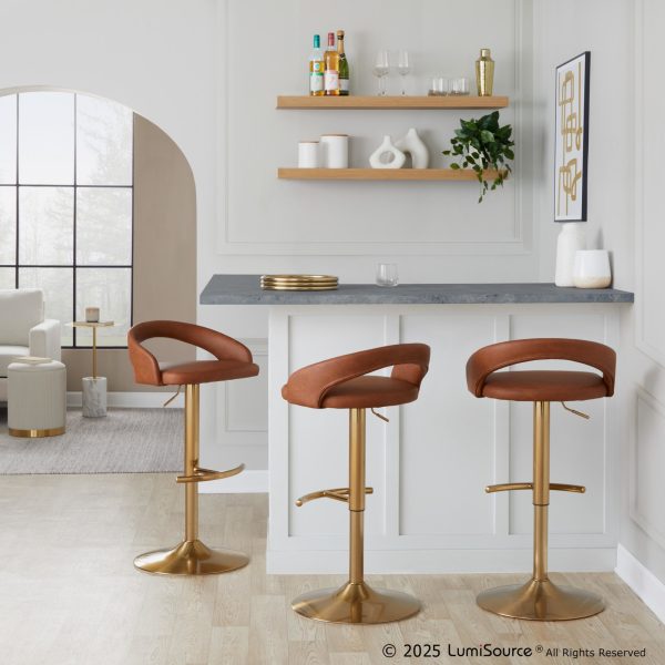 Grotto Camel Faux Leather Gold Contemporary Adjustable Barstools Set of 2 1