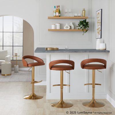 Grotto Camel Faux Leather Gold Contemporary Adjustable Barstools (Set of 2)