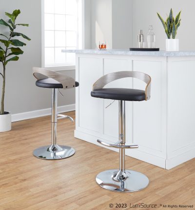 Grotto Chrome Black Faux Leather Adjustable Swivel Barstool (Set of 2)