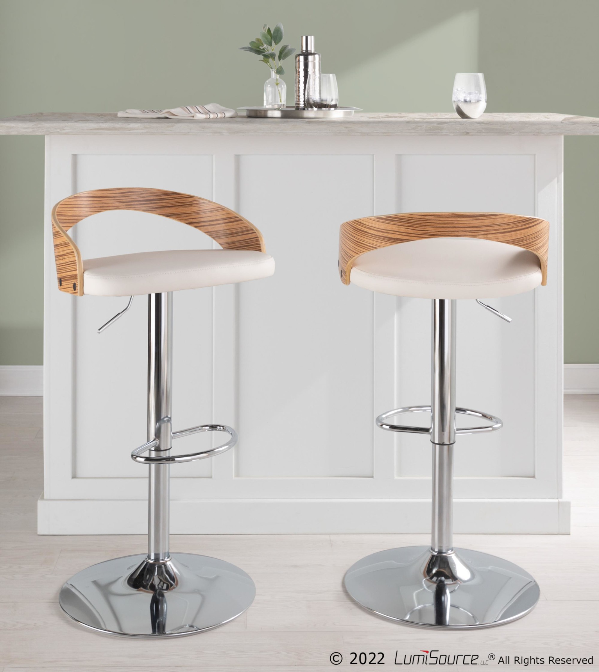 Grotto Chrome Zebra Wood Mid-Century Modern Swivel Barstool (Set of 2) 2 Grotto Chrome Zebra Wood Mid-Century Modern Swivel Barstool (Set of 2) - Image 2