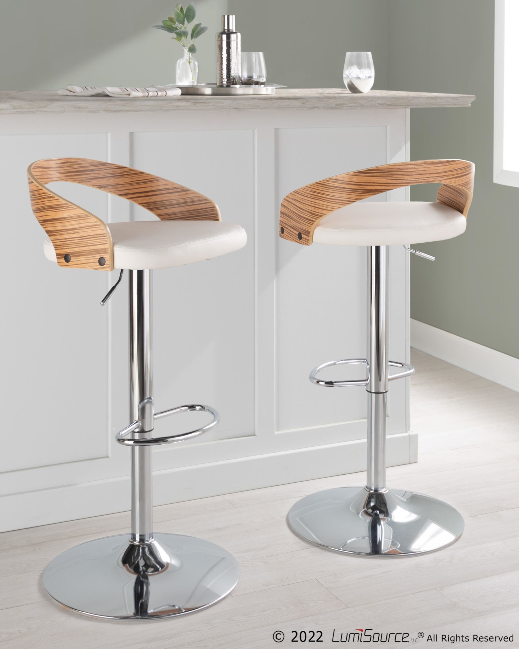 Grotto Chrome Zebra Wood Mid-Century Modern Swivel Barstool (Set of 2) 1 Grotto Chrome Zebra Wood Mid-Century Modern Swivel Barstool (Set of 2)