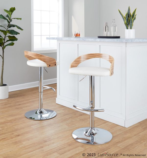 Grotto Chrome Zebra Wood White Faux Leather Swivel Barstools Set of 2 1