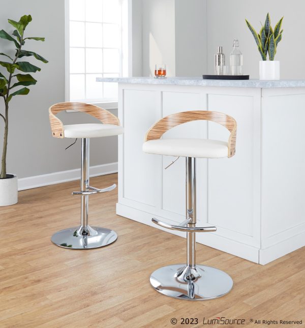 Grotto Chrome Zebra Wood White Faux Leather Swivel Barstools Set of 2 2
