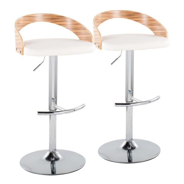 Grotto Chrome Zebra Wood White Faux Leather Swivel Barstools Set of 2 4