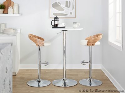 Grotto Chrome Zebra Wood White Faux Leather Swivel Barstools (Set of 2)
