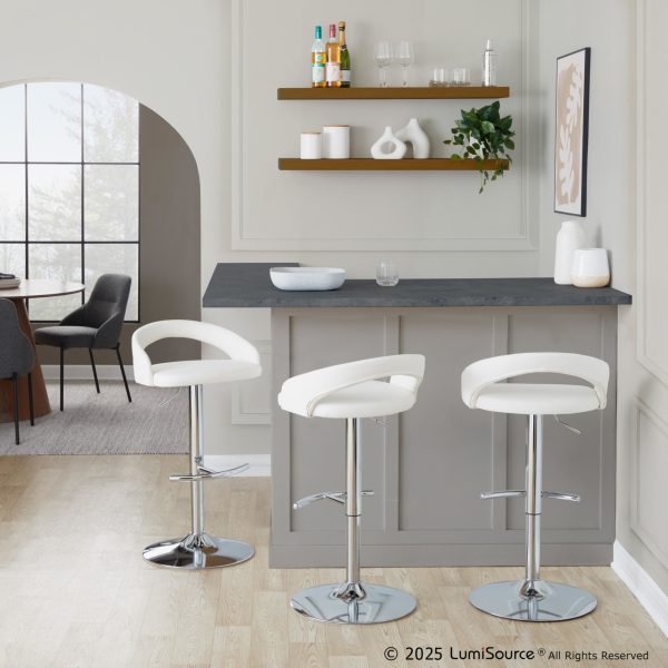 Grotto Contemporary Adjustable Barstool White Faux Leather Chrome Set of 2 Set of 2 1