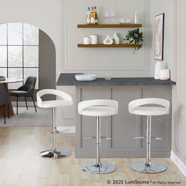 Grotto Contemporary Adjustable Barstool White Faux Leather Chrome Set of 2 Set of 2