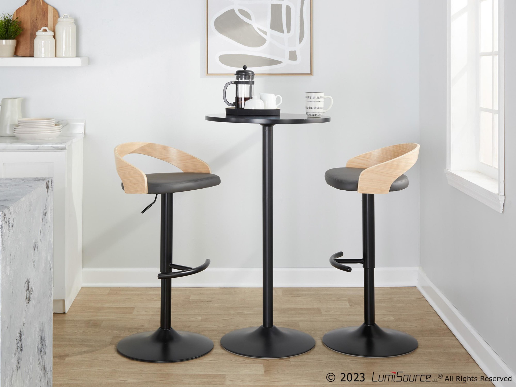 Grotto Contemporary Grey Faux Leather Adjustable Swivel Barstool (Set of 2) 3 Grotto Contemporary Grey Faux Leather Adjustable Swivel Barstool (Set of 2) - Image 3