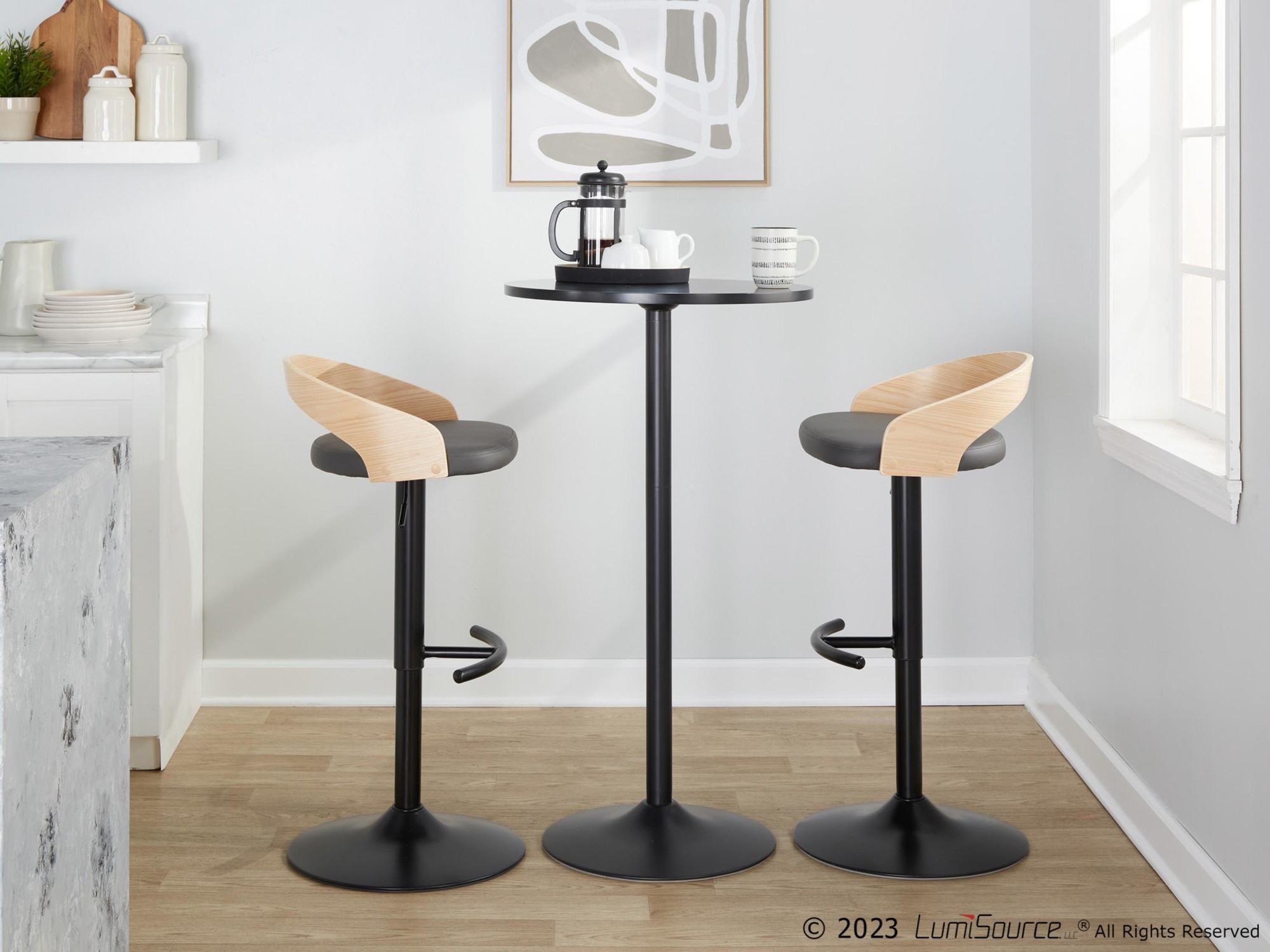 Grotto Contemporary Grey Faux Leather Adjustable Swivel Barstool (Set of 2) 4 Grotto Contemporary Grey Faux Leather Adjustable Swivel Barstool (Set of 2) - Image 4