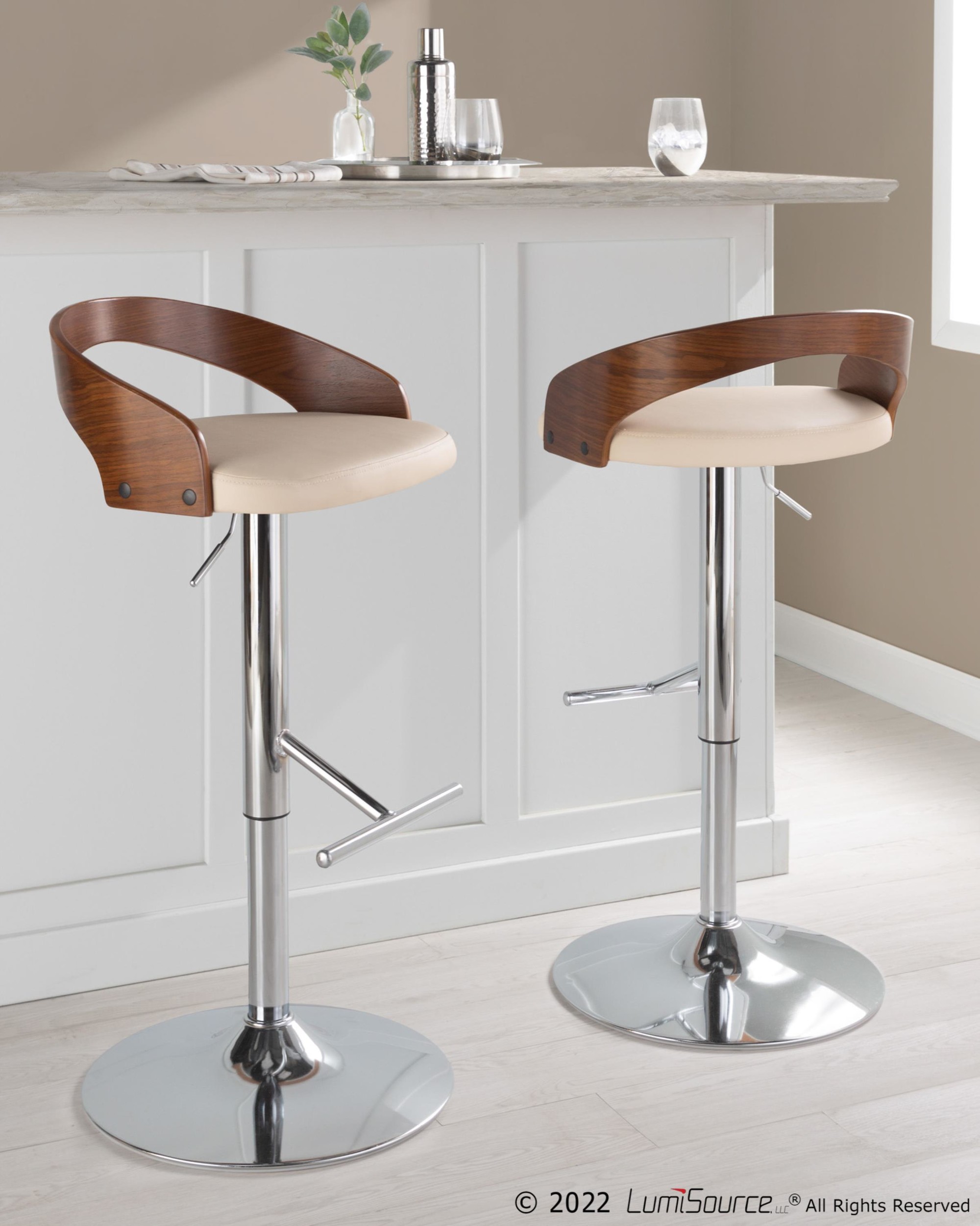 Grotto Cream Faux Leather Mid-Century Modern Adjustable Barstool (Set of 2) 2 Grotto Cream Faux Leather Mid-Century Modern Adjustable Barstool (Set of 2) - Image 2