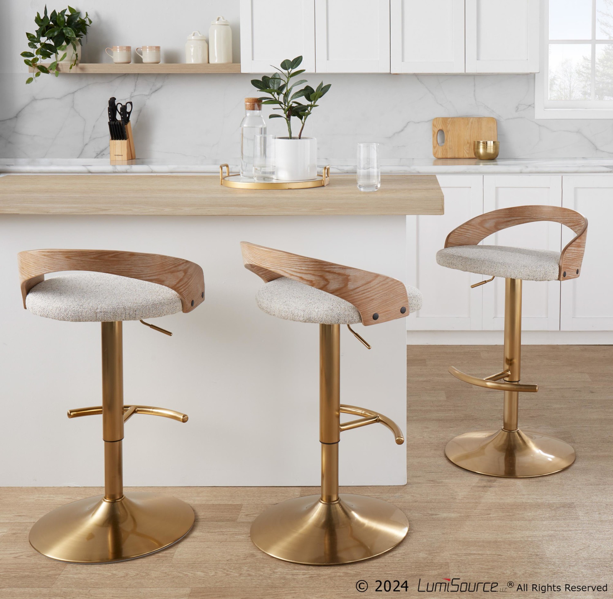 Grotto Gold Adjustable Oat Fabric Swivel Barstools (Set of 2) 3 Grotto Gold Adjustable Oat Fabric Swivel Barstools (Set of 2) - Image 3