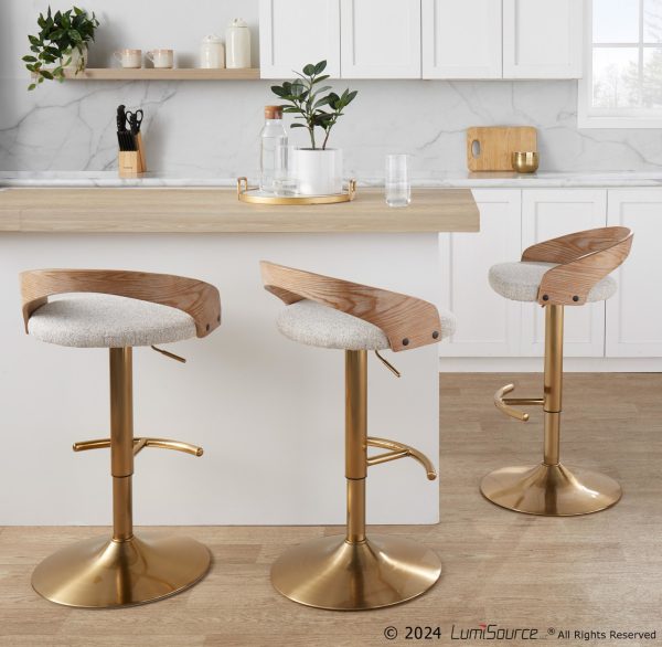 Grotto Gold Adjustable Oat Fabric Swivel Barstools Set of 2 3
